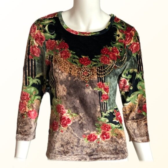 Take Two Velvet Floral Beaded Top 3/4 sleeve Size M - Picture 2 of 9